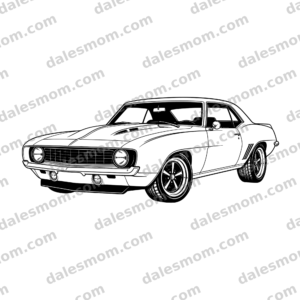 1969 Chevy Camaro SvG, PnG & PdF — Classic Muscle Car Vector for Cricut, Laser Cutting, Garage Art And DIY Crafts black and white vector artwork with dalesmom.com preview watermark