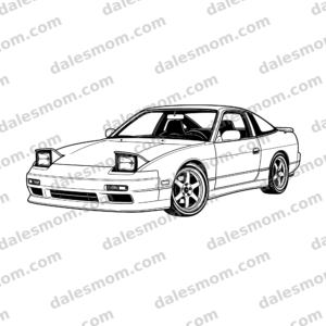 Nissan 240SX Vector Clipart — SVG, PnG and PDF Digital Download — JDM Drift Car Line Art for Cricut, Laser Cutting, Stickers and Crafts black and white vector artwork with dalesmom.com preview watermark